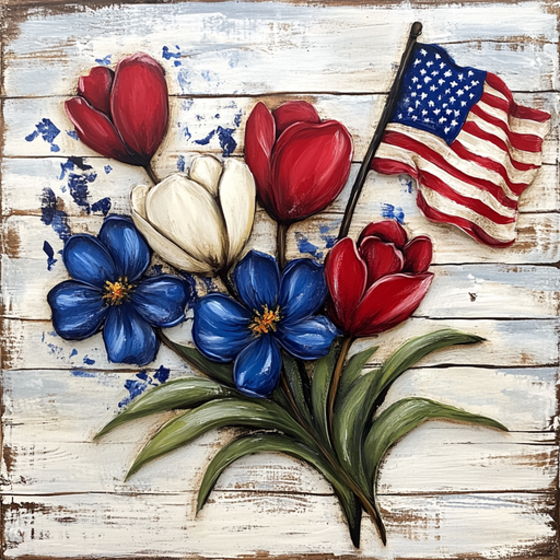 The 10 x 10 American Flag with Flowers Sign TTE-184 features a rustic metal design with red, white, and blue flowers next to an American flag on a wooden background, highlighted by prominent brush strokes for a textured, handcrafted look.