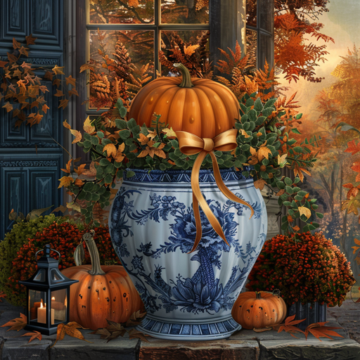 A blue and white vase with autumn foliage and a pumpkin sits on a porch, surrounded by pumpkins, mums, a lantern, and the 10 x 10 Autumn Chinoiserie Scene Sign TTE-325—perfect decor for a cozy fall setting.
