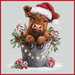 A cute brown calf in a Santa hat sits in a metal bucket with holly, candy canes, and lights, surrounded by gifts and snow—ideal for festive decor with the 10 x 10 Baby Highland Cow Christmas Sign TTE-322.