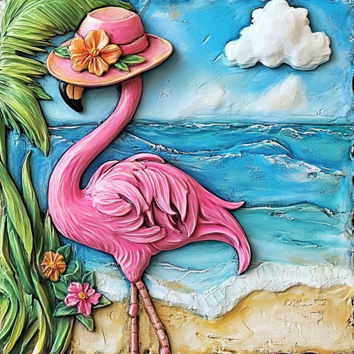 The 10 x 10 Beach Flamingo Sign TTE-243 features a colorful 3D design of a pink flamingo in a floral hat beside a whimsical sign. Waves crash under blue skies, and vibrant pink and blue flowers frame the art.