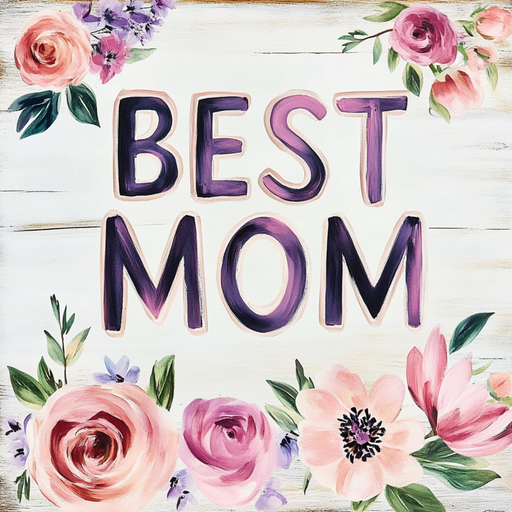 The image showcases a 10 x 10 Best Mom metal sign (1) TTE-221 with gradient purple and pink letters on white, surrounded by pink and purple flowers, ideal for celebrations.