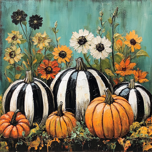 The 10 x 10 Black and White Stripe Pumpkins Sign (TTE-047) features striped pumpkins before vivid sunflowers and wildflowers on a teal, painterly background—ideal as an artistic metal sign for seasonal décor.