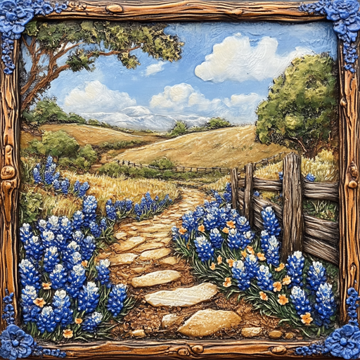 The 10 x 10 Bluebonnet Field Sign TTE-175 features a stone path winding through bluebonnets and yellow flowers. Rolling hills and trees line the horizon, beneath a bright blue sky with fluffy clouds, encased in an ornate wooden frame accented by a subtle metal touch.