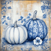 The 10 x 10 Vintage Blue/White Chinoiserie Pumpkins Sign TTE-071 showcases two elegant pumpkins: one white and the other with a blue Chinoiserie floral design. A delicate white flower accents its base against a charming vintage-style blue floral backdrop.