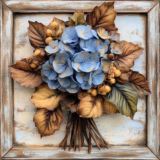 The 10 x 10 Blue/Chocolate Fall Floral Bouquet Sign (TTE-281) features blue hydrangeas, yellow berries, and autumn leaves on a distressed white background—a perfect rustic accent or charming metal décor piece.