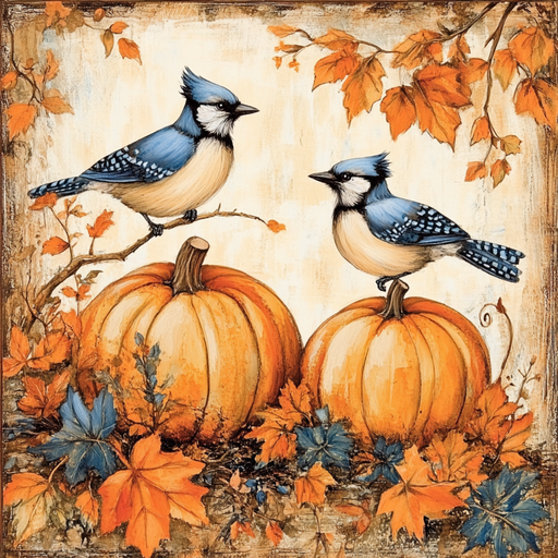 Two blue jays perch on pumpkins next to the 10 x 10 Fall Blue Jays & Pumpkins Sign TTE-290, surrounded by orange and blue autumn leaves for a vibrant fall look with warm, rustic colors.