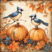 Two blue jays perch on pumpkins next to the 10 x 10 Fall Blue Jays & Pumpkins Sign TTE-290, surrounded by orange and blue autumn leaves for a vibrant fall look with warm, rustic colors.