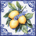The 10 x 10 Blue Tile Lemons Sign TTE-251 showcases three yellow lemons with green leaves and blue flowers, bordered by a decorative blue and white pattern. This charming piece enhances any decor with its vibrant zest.