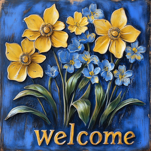 The 10 x 10 Blue & Yellow Welcome Florals Sign TTE-169 is a decorative metal piece showcasing blue and yellow flowers with green leaves on a textured blue background, and welcome written in vibrant yellow at the bottom.