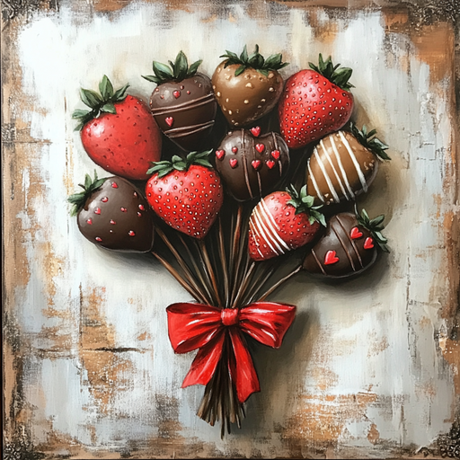 Introducing the "10\" x 10\" Chocolate Covered Strawberry Bouquet Sign TTE-111," featuring a stunning arrangement of chocolate-covered strawberries with heart and stripe designs, elegantly tied with a bright red ribbon. The sign's rustic charm is captured in its background's faded brown and white tones, making it the ideal decoration for any chocolate lover or special occasion.
