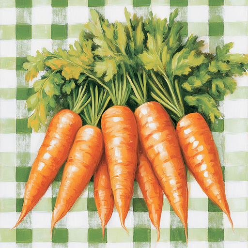 The 10 x 10 Bundle of Carrots Sign TTE-170 features six glossy, vibrant orange carrots with leafy green tops arranged in a row against a green and white checkered background, celebrating the freshness and colors of nature.