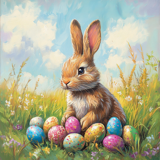 A 10 x 10 Bunny with Bright Eggs Sign (TTE-163) features a cute bunny sitting in a meadow with colorful Easter eggs amid wildflowers, under a bright blue sky with fluffy clouds.