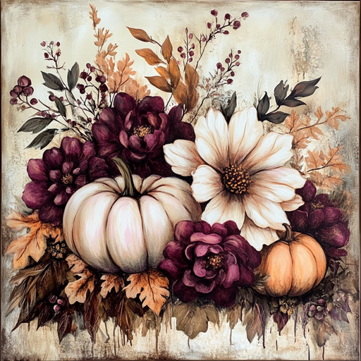The 10 x 10 Burgundy Florals & Pumpkins Sign TTE-072 showcases a cozy autumnal arrangement with burgundy florals, cream blooms, berries, fall leaves, and charming white and orange pumpkins, creating a warm, earthy seasonal ambiance.
