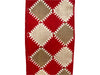 The 2.5 x 10 Yard Red Natural Tan and White Patchwork Ribbon TT2340-85 features festive beige and white diamond shapes with white stitching, creating a cheerful geometric pattern for Christmas décor.