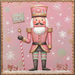 The 10" x 10" Candy Land Christmas Nutcracker Sign TTE-030 features a festive pink-themed illustration of a nutcracker dressed in a pink and gold uniform with a tall hat. This playful character, reminiscent of something out of Candy Land, is depicted holding a candy cane staff surrounded by snowflakes and peppermint candies on a pink backdrop.