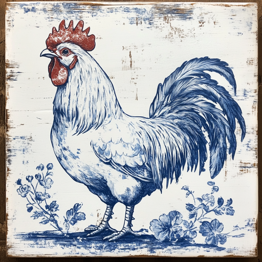The 10 x 10 Chinoiserie Rooster Sign TTE-125 features a detailed blue and white rooster illustration among flowers, evoking a vintage Chinoiserie feel with its rustic design. The sign resembles traditional ceramic patterns set against a lightly distressed wooden background.