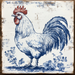 The 10 x 10 Chinoiserie Rooster Sign TTE-125 features a detailed blue and white rooster illustration among flowers, evoking a vintage Chinoiserie feel with its rustic design. The sign resembles traditional ceramic patterns set against a lightly distressed wooden background.