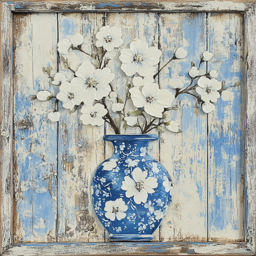 The 10\ x 10\ Chinoiserie Vase with White Flowers Sign TTE-179 features a vase with floral patterns set against distressed blue and beige planks, elegantly contrasting a rustic wooden backdrop.