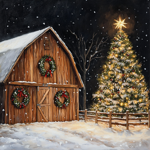 A serene winter night scene features a 10 x 10 Christmas Barn adorned with three wreaths (TTE-059), standing next to a lit tree topped with a glowing star, as snow gently falls, enhancing this festive settings charm.
