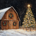A serene winter night scene features a 10 x 10 Christmas Barn adorned with three wreaths (TTE-059), standing next to a lit tree topped with a glowing star, as snow gently falls, enhancing this festive settings charm.