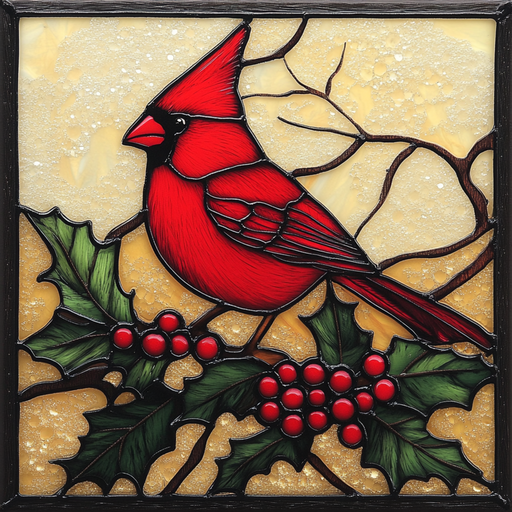 The 10 x 10 Christmas Cardinal Stained Glass Sign TTE-080 features a vibrant cardinal perched among holly leaves and red berries, set against a textured warm beige background that enhances the bird’s vivid colors and embodies festive cheer.