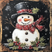 The 10" x 10" Christmas Holly Snowman Sign TTE-137 features a festive snowman with a carrot nose, black top hat, and red scarf. It is surrounded by snowflakes and holly leaves adorned with red berries. The dark background and ornate corners create a vintage holiday card aesthetic, making it an ideal choice for charming Christmas decor.