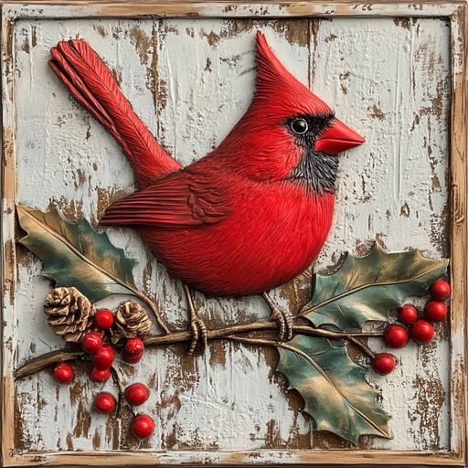 The 10 x 10 Christmas Cardinal with Berries Sign (TTE-050) features a vibrant red cardinal on a branch with holly leaves, berries, and pinecones, all set against a distressed white wooden background in a rustic frame.