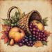The 10 x 10 Fall Cornucopia Sign TTE-036 showcases a rustic metal wall art design with grapes, pumpkins, and a pear spilling from the basket. Surrounded by colorful autumn leaves, it creates a warm and festive harvest scene.