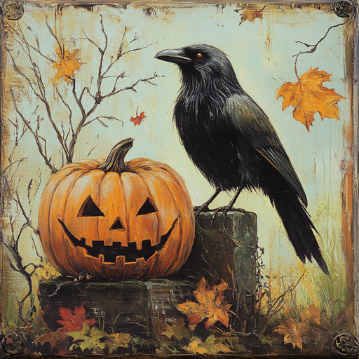 The 10 x 10 Crow & Jack-O-Lantern Sign TTE-300 features a black crow beside a carved pumpkin on stone, with autumn leaves and bare branches, creating a spooky Halloween atmosphere for your decor.