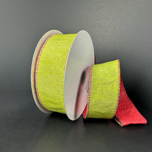 Two spools of 1.5x10y double sided lime dupioni/red glitter emboss ribbon (D73580-09-09) feature light green with red decorative edges, a red reverse embossed with a floral pattern, all shown on a black background.