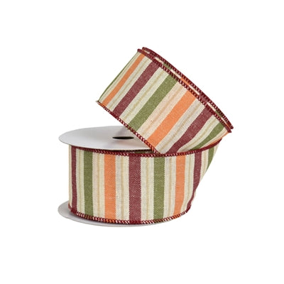 A partially unrolled 2.5 x 10 yards Brown, White Harvest Stripe Linen Ribbon (DC18342) features vertical stripes and red-edged stitching.