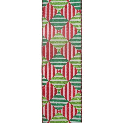Add festive sparkle to your décor with the 2.5 x 10 yards Red, White and Green Peppermint Twist Geometric Shaped Ribbon (DC19573), featuring bold geometric patterns and glittery gold-trimmed edges—perfect for holiday decorating.