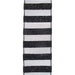 The 2.5 by 10 Yards Black and White Shabby Chic Glitter Faux Linen Ribbon DC19614 features wired strips with black and white horizontal stripes, speckled black areas, and meticulously stitched shabby chic pattern edges.