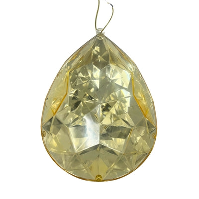 A 6.3" x 4" x 9" gold faceted plastic drop ornament with a reflective surface, hanging by a thin wire. Model: DCORN5408GD.