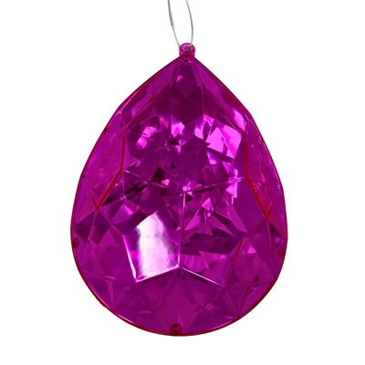 The 6.3" x 4" x 9" Hot Pink Plastic Drop Ornament (DCORN5408HTPK) features a faceted, teardrop shape in bright pink translucent plastic, hanging by a clear string—perfect for festive decor.