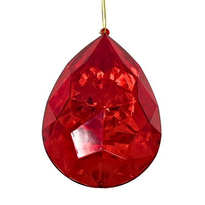 A large, shiny, faceted red teardrop ornament (6.3" x 4" x 9", plastic) hangs by a gold string against a white background. Perfect for festive decor. Item: DCORN5408RD.