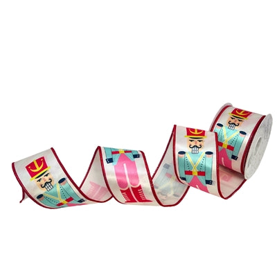 The 2.5" x 10' Pastel Nutcracker on Satin Ribbon (DCR5831) features vibrant nutcracker designs and red-edged detail, perfect for decorative use.