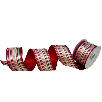 The 2.5" X 10' Retro Striped on Satin Ribbon (DCR5941) features red, white, and green stripes and is shown partially unrolled in a wavy shape against a white background.