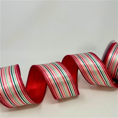 The 2.5" x 10 Retro Striped on Satin Ribbon DCR5941, featuring white, red, green, and silver stripes with red edges, is displayed against a plain white background.