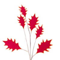The 23.5 Hot Pink and Orange Felt Holly Leaf Spray (DCSP3531HPOR) features six holly-shaped leaves in hot pink and orange with yellow outlines on a white felt stem, arranged in a fan-like pattern.
