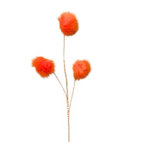 A minimalist image showcases a 36" Orange Fuzzy Truffle Trees Spray with three stems, each adorned with fluffy, pom-pom-like orange blooms on slender, branched stalks against a plain white background. The arrangement is simple and artistic, evocative of whimsical truffle trees in a serene setting.