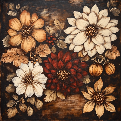 The 10 x 10 Deep-Toned Fall Flowers Sign TTE-278 showcases autumn flowers and berries in burgundy, beige, cream, and black with brown leaves on a dark textured background—perfect for seasonal metal sign décor.