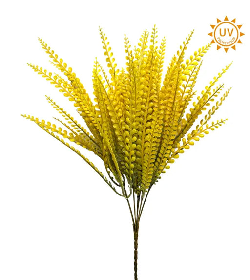 The Yellow Bead Grass Bush (E62262258) features 7 plastic fern-like stems with small leaves, measures 15", and is ideal as a greenery filler for wreaths. UV protection symbol shown top right.