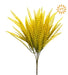 The Yellow Bead Grass Bush (E62262258) features 7 plastic fern-like stems with small leaves, measures 15", and is ideal as a greenery filler for wreaths. UV protection symbol shown top right.