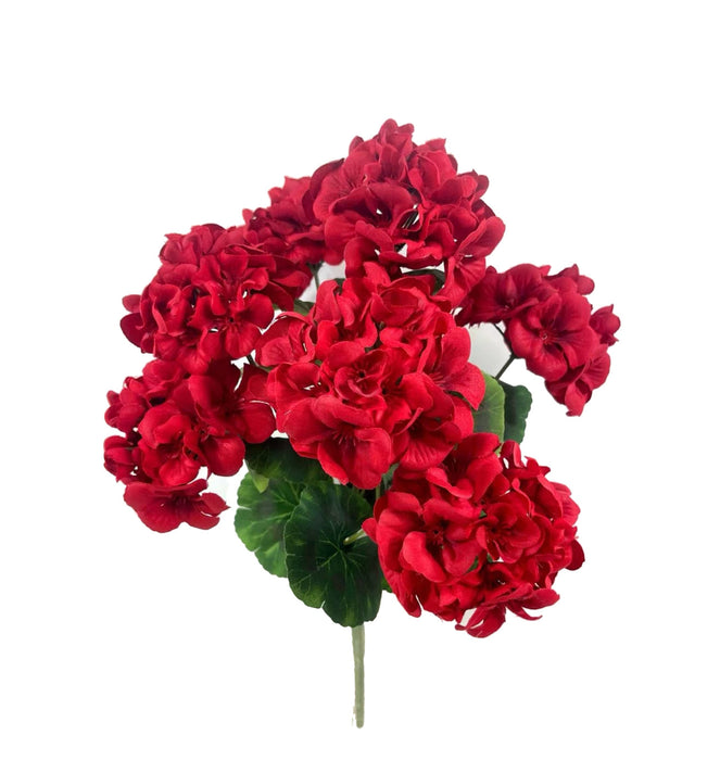 The Red Geranium Bush – Plastic Leaves – 7 Stems – 18.5 Inches E64261742 features vibrant artificial blooms and lush green leaves, perfect as a floral filler for wreath makers, isolated on a white background.