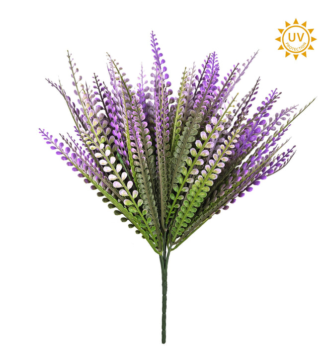 The Purple Bead Grass Bush features 7 plastic stems, 16 inches tall, with realistic greenery—ideal for wreath making. A UV protection label is visible in the top right corner.