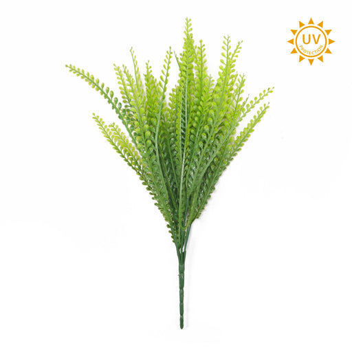 The Two Tone Green Bead Grass Bush features 7 plastic stems, each 15 inches long—ideal as greenery filler or for wreath making—shown with a UV protection symbol on a white background.