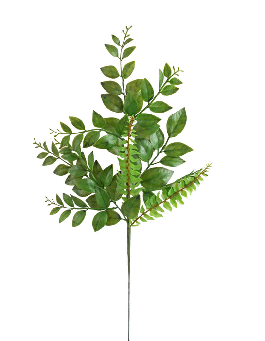 The Green Mountain Laurel and Fern Spray (E66251160) features 8 branches and various leaf sizes, measuring 20.5 inches—ideal as a greenery filler for deco mesh wreaths. Isolated on a white background.