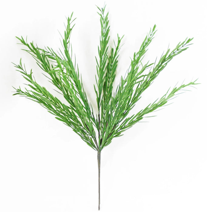 The Green Irish Yew Bush – Plastic Leaves, 13 stems, 20.5 inches (E66251165) features thin, needle-like greenery ideal as a filler for wreath making and floral arrangements. Shown against a white background.