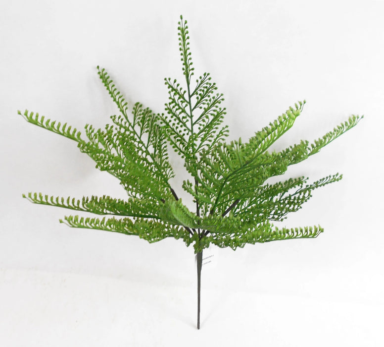 The Picket Fern Bush – Plastic Leaves (13 Stems, 18 Inches, E66251166) features multiple green feathery leaves on black stems, ideal as a greenery filler for wreaths, shown against a plain white background.